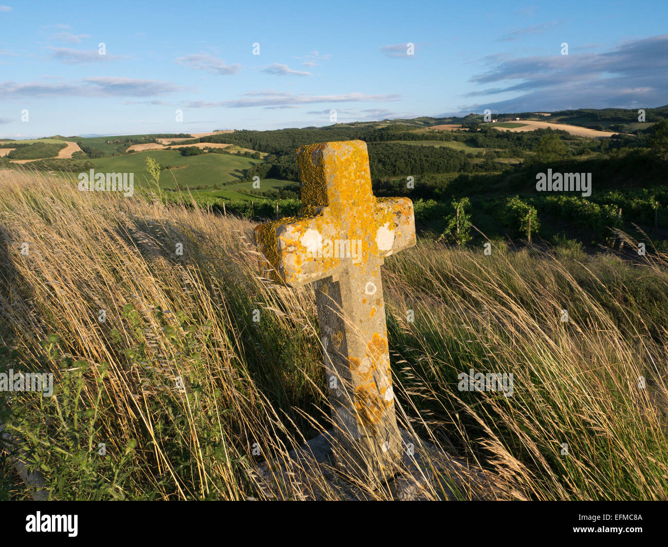 An anonymous gravestone on a hillside among the vineyards of Languedoc, Fance Stock Photo