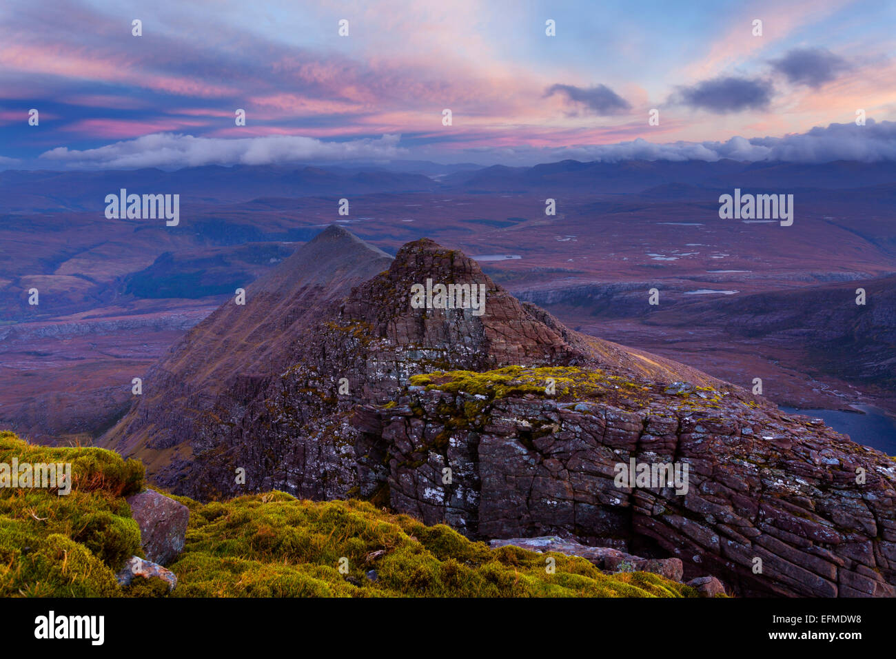 This is Glas Mheall Liath, a satellite peak of An Teallach  at dusk. Stock Photo