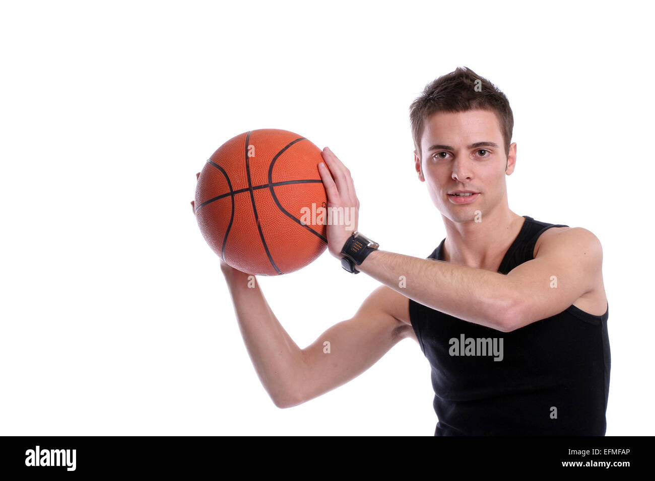 Causal man holding basketball ball, isolated on white background Stock Photo
