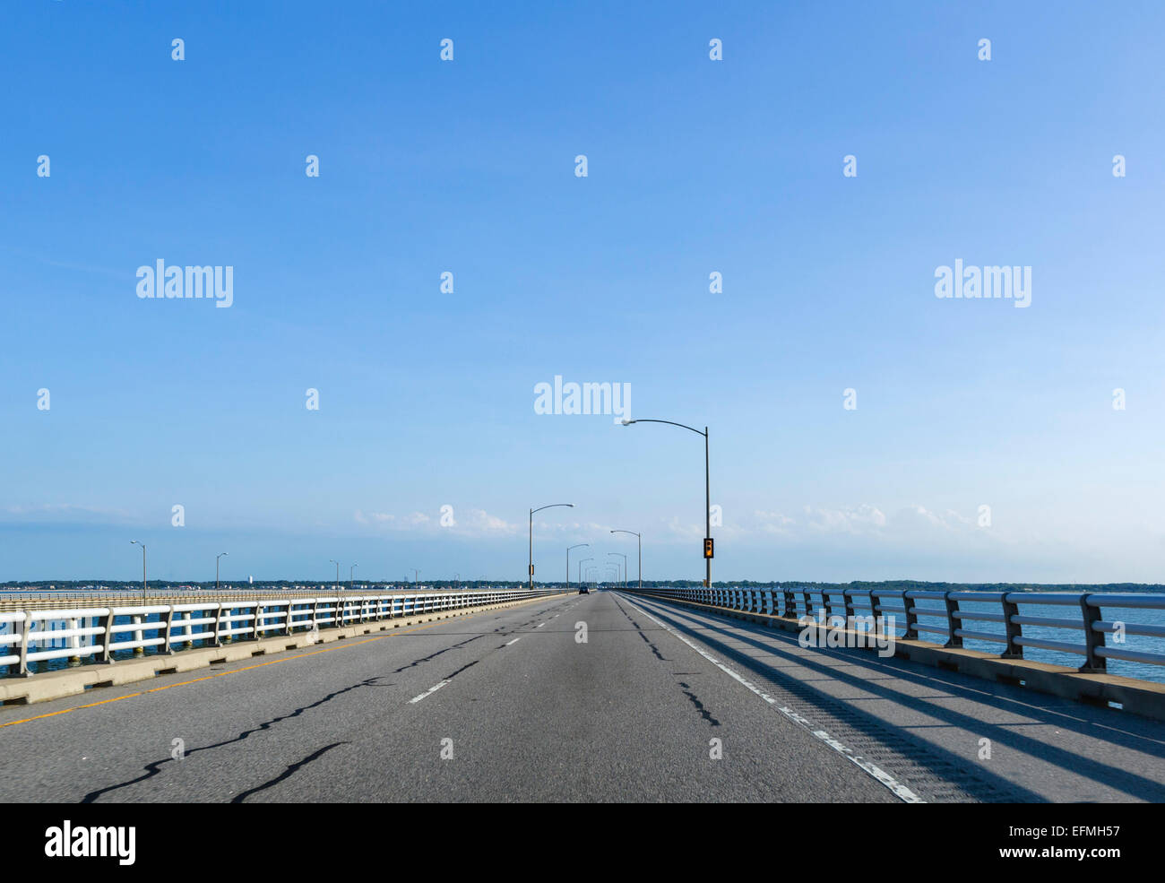 Driving across the 23 mile long Chesapeake Bay Bridge-Tunnel approaching the Virginia Beach end, Virginia, USA Stock Photo