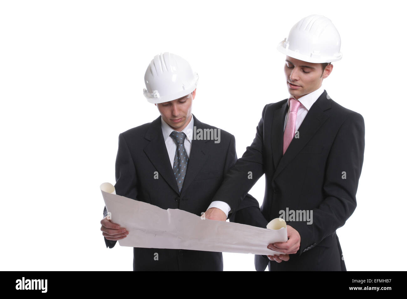 Engineers discussing new project, isolated in white background Stock ...