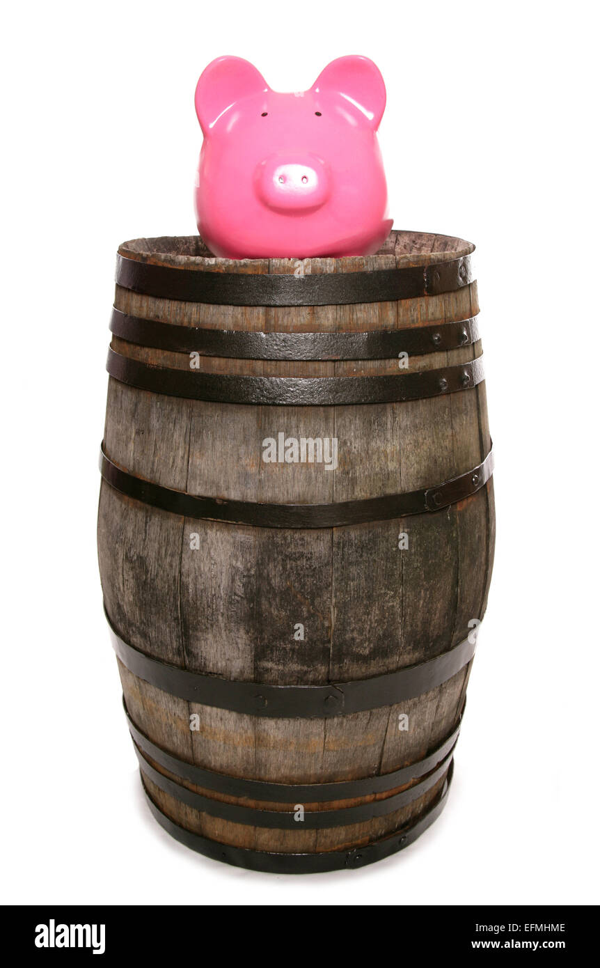 Old wine barrel and piggy bank cutout Stock Photo
