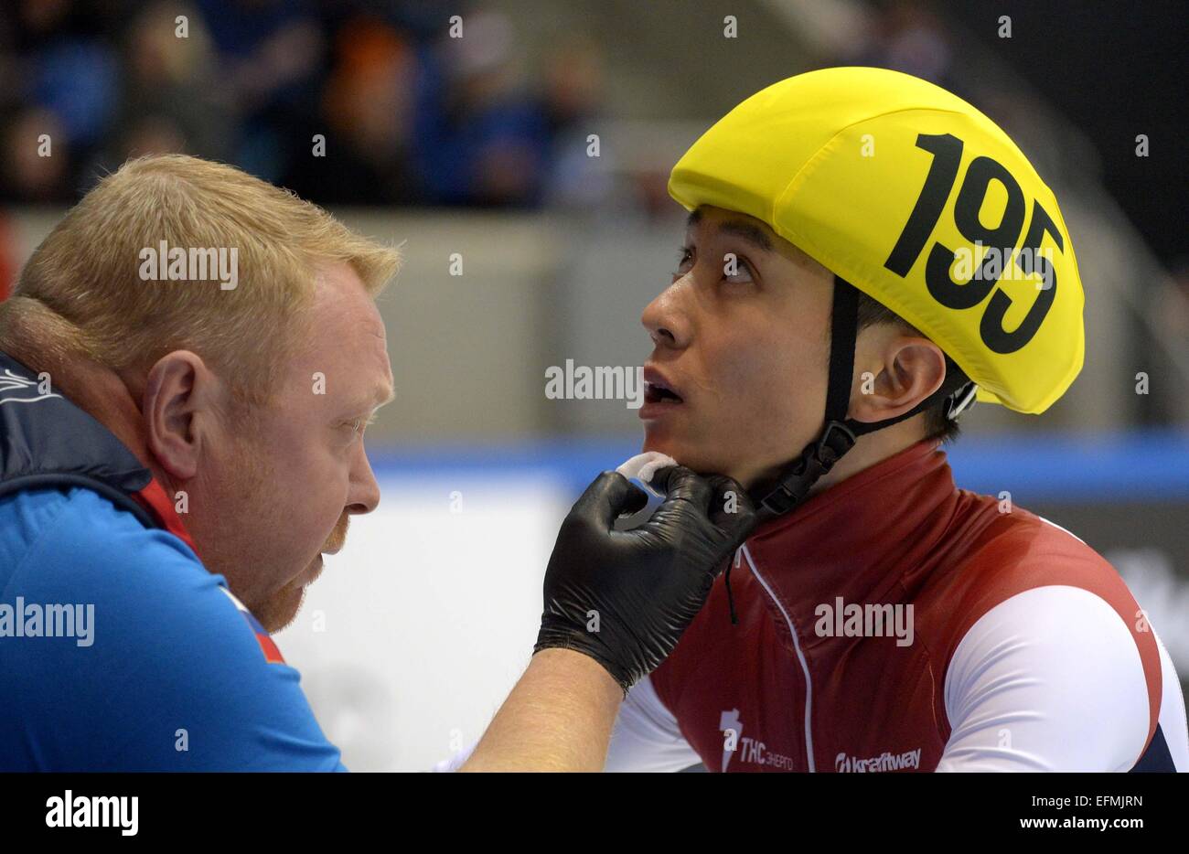 Dresden, Germany. 07th Feb, 2015. Victor An of Russia is treated during the Shorttrack World Cup at the EnergieVerbund Arena in Dresden, Germany, 07 February 2015. PHOTO: THOMAS EISENHUTH/dpa/Alamy Live News Stock Photo