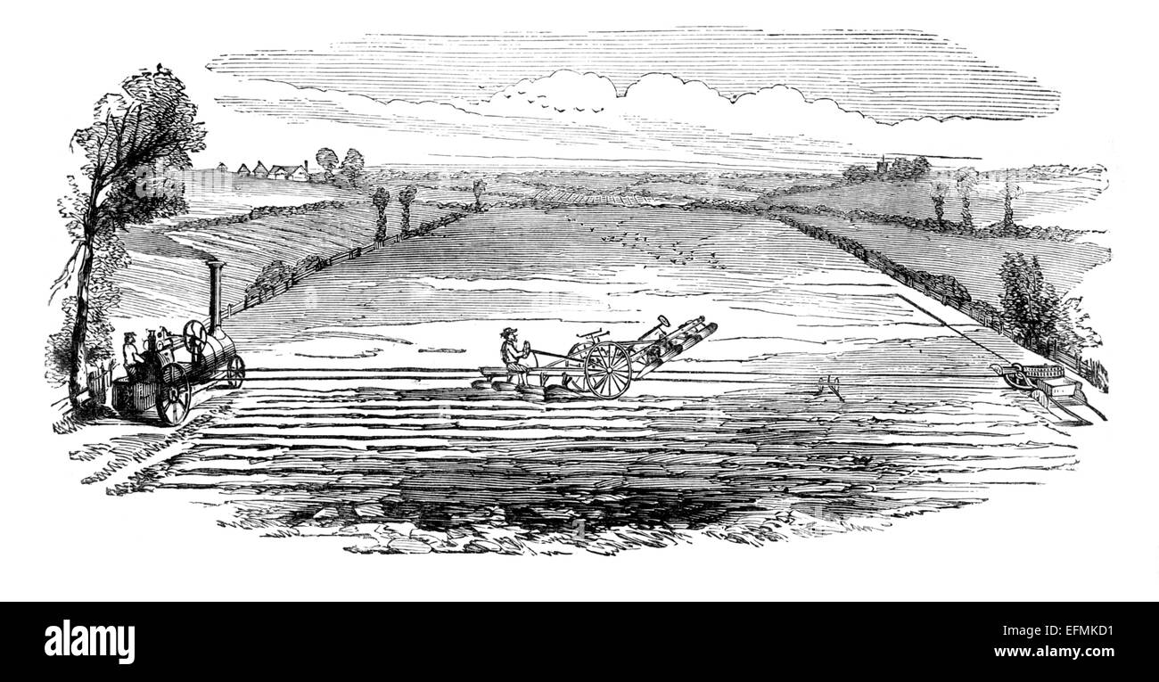 Victorian engraving of a  farmer using a steam plough Stock Photo