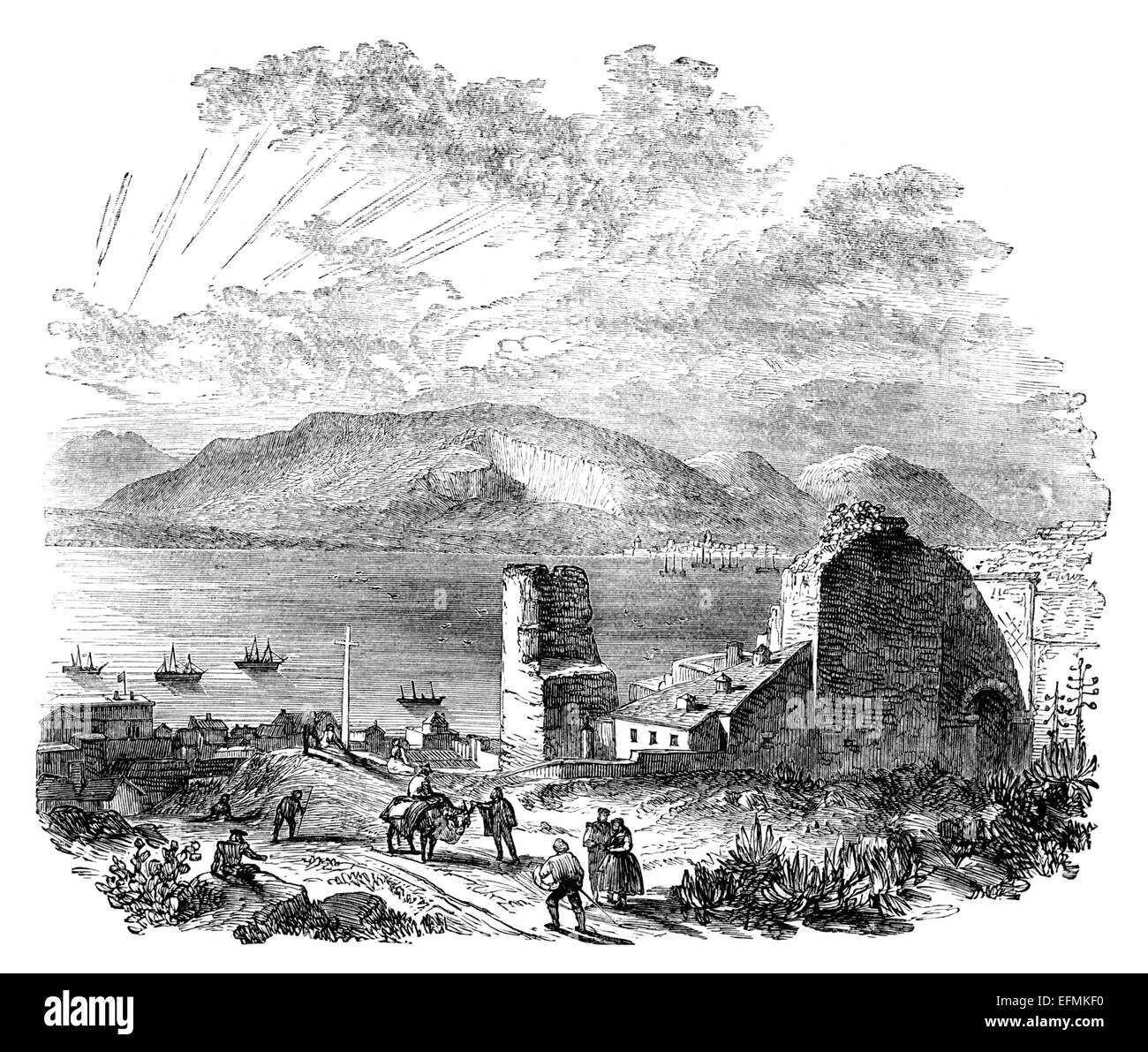 Victorian engraving of a  view of the Bay of Gibraltar, Spain Stock Photo