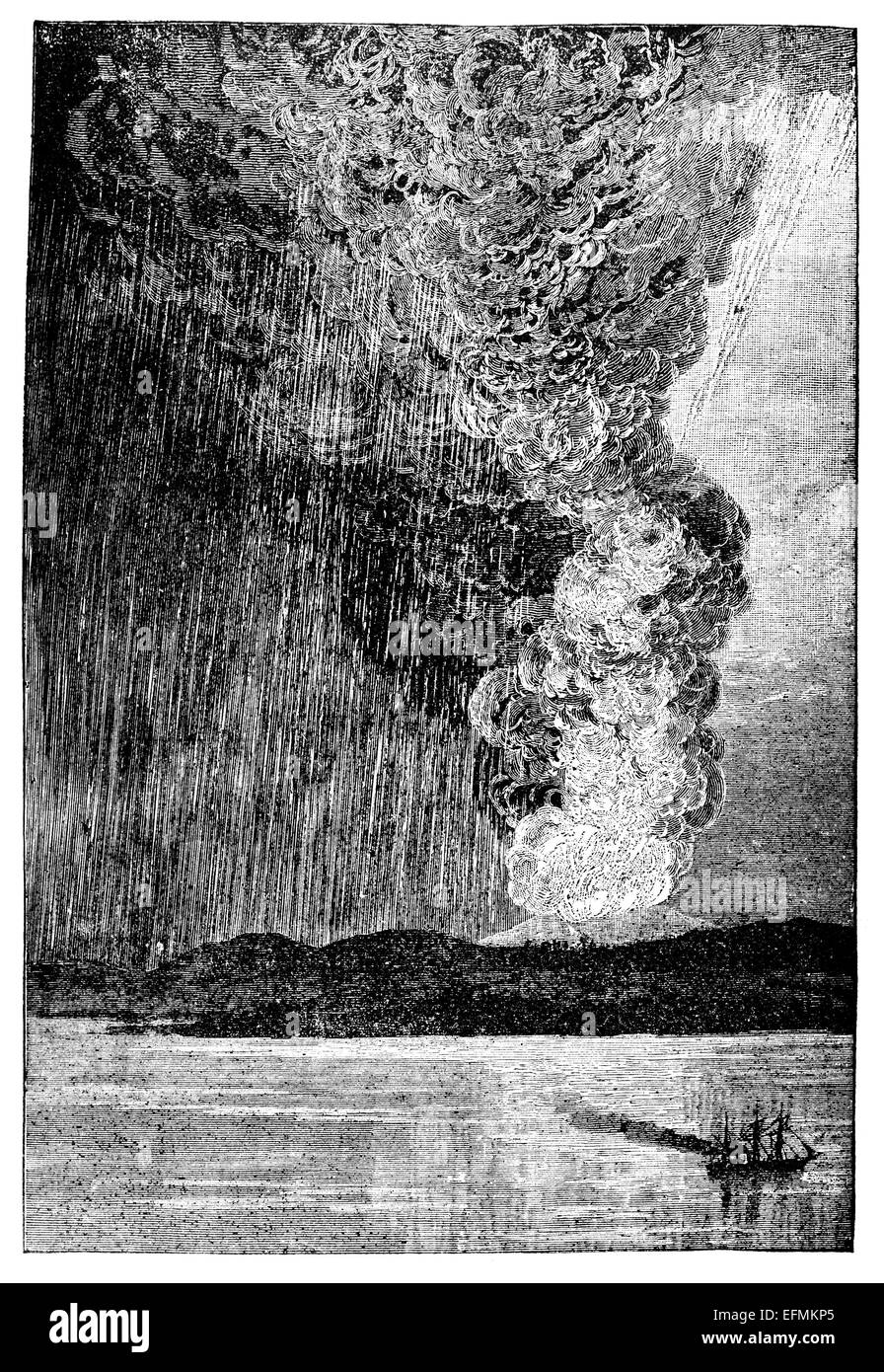 19th century engraving of a volcano erupting in Java Stock Photo