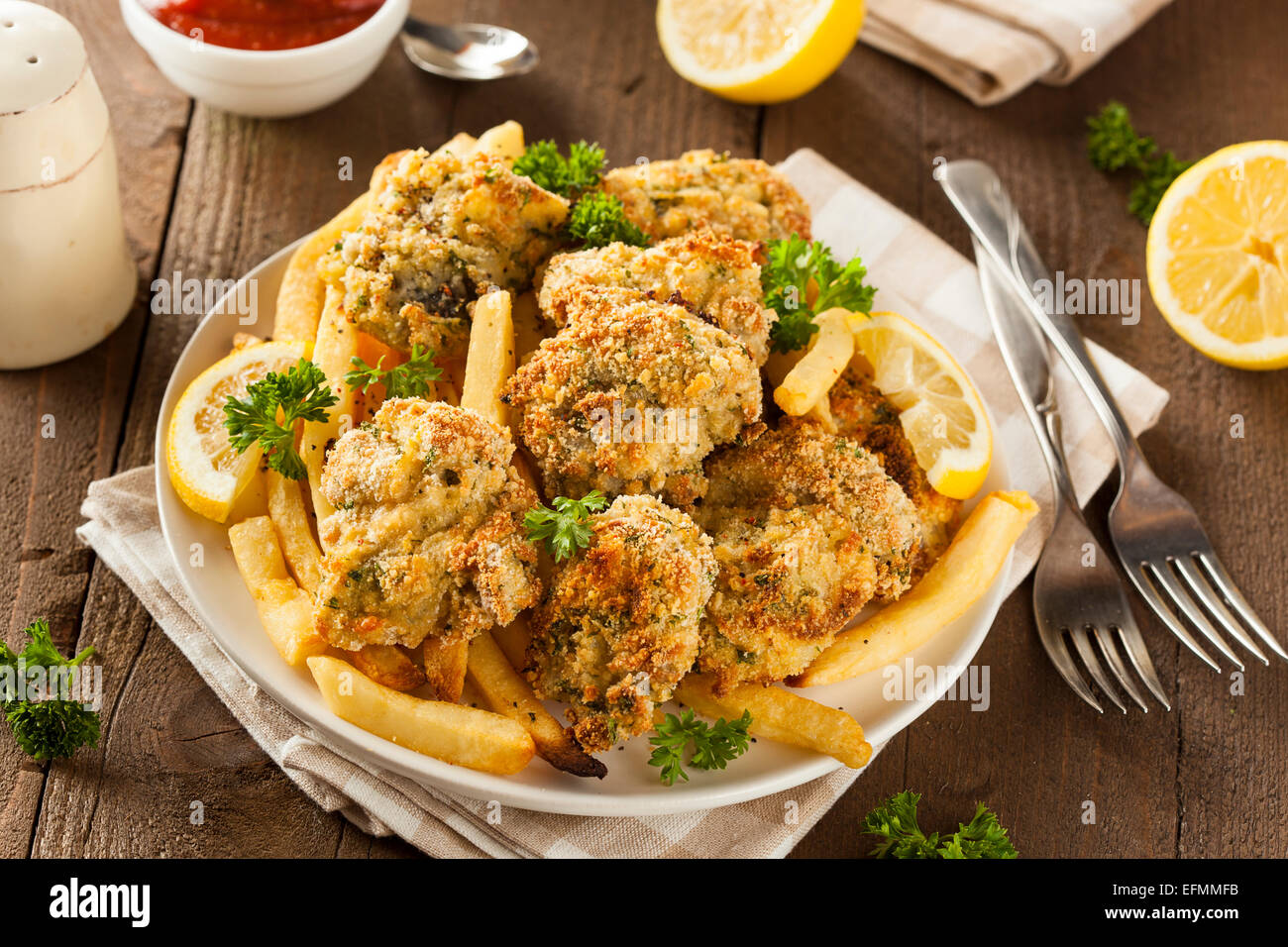Homemade Breaded Fried Oysters with French Fries Stock Photo Alamy