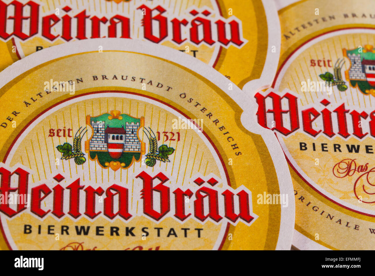 GERMANY,DRESDEN - September 20,2014:Beermats from Weitra Brau Beer, it is brewed in Austrias oldest beer city Weitra. Weitra was Stock Photo