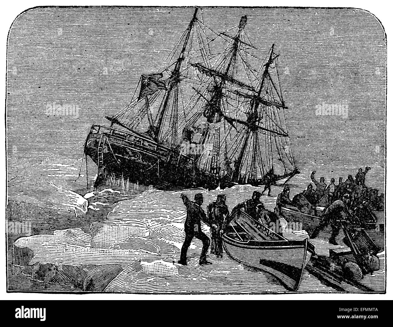 19th century engraving of a ship trapped in ice in the arctic Stock Photo