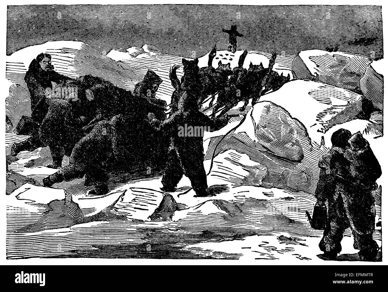 19th century engraving of explorers and a dogsled team on the ice in the arctic Stock Photo