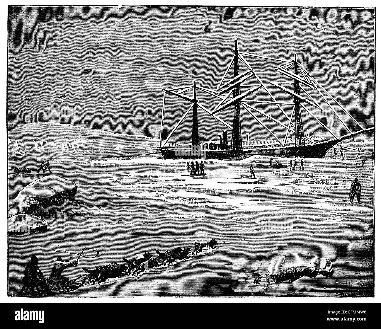19th century engraving of a ship and explorers in the arctic with a dogsled team Stock Photo