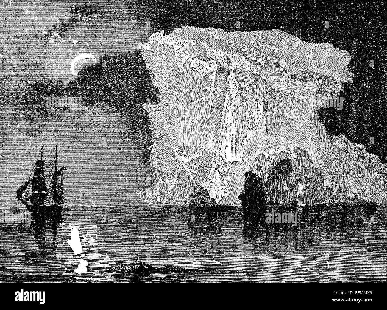 19th century engraving of the sea with a ship and an iceberg at night Stock Photo