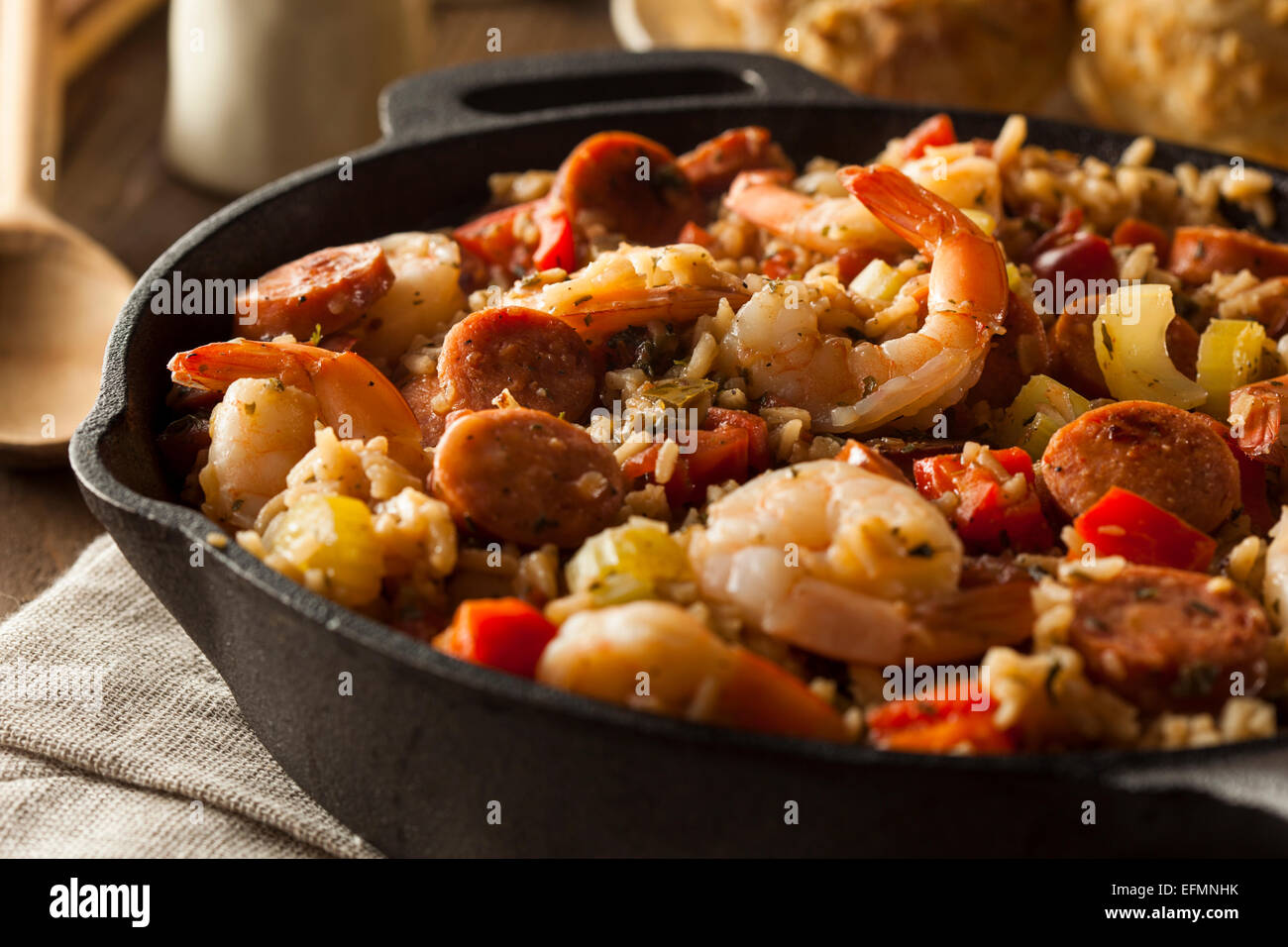 Spicy Homemade Cajun Jambalaya with Sausage and Shrimp Stock Photo
