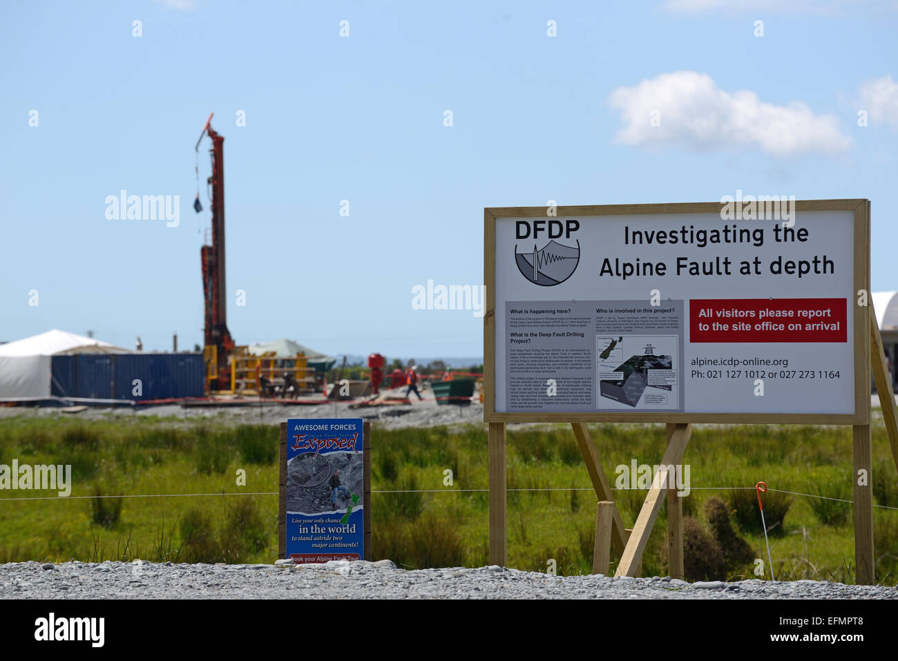 WHATAROA, NEW ZEALAND, DECEMBER 5, 2014: Signage explains the Deep Fault Drilling Project Stock Photo