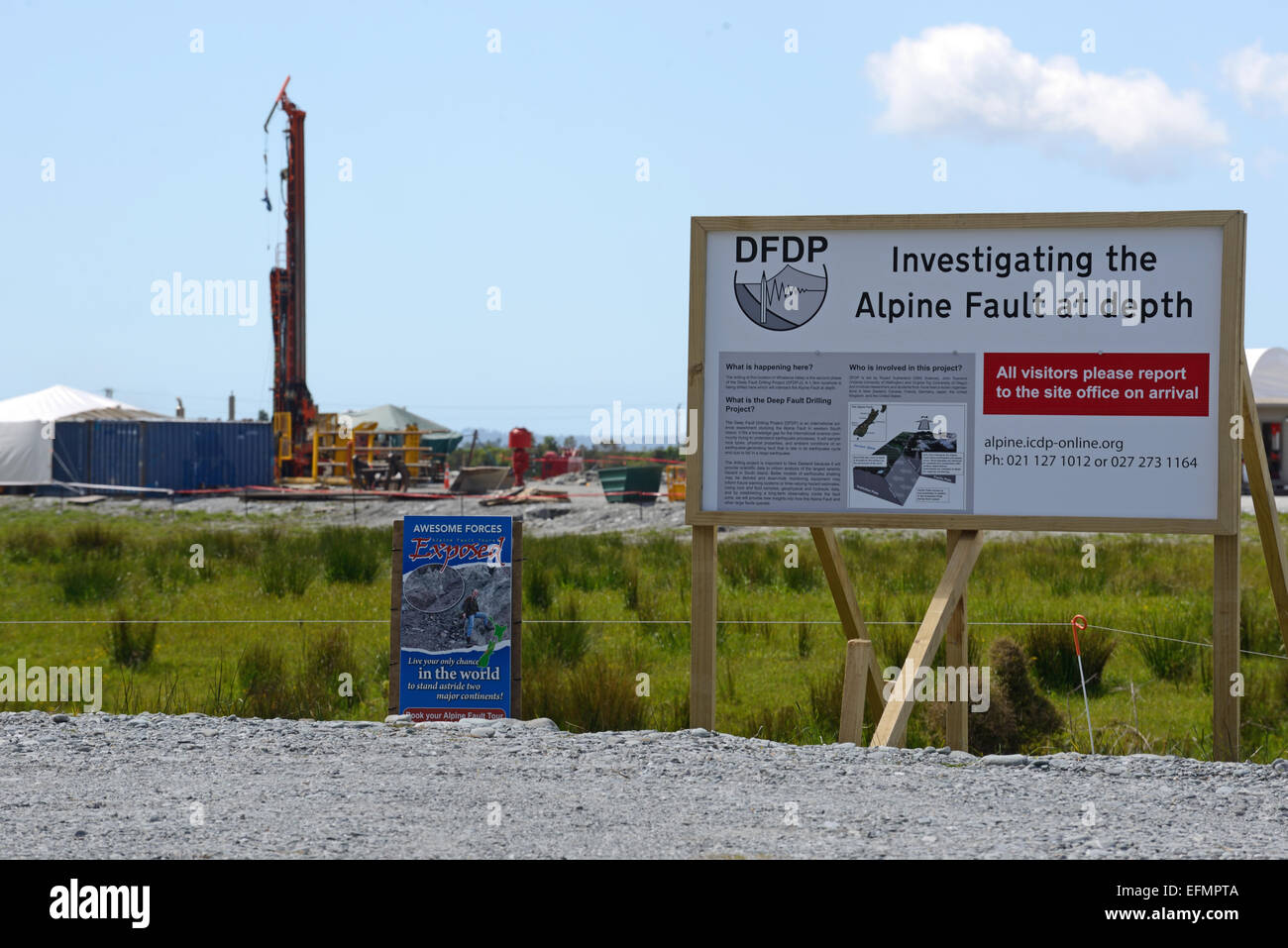 WHATAROA, NEW ZEALAND, DECEMBER 5, 2014: Signage explains the Deep Fault Drilling Project Stock Photo