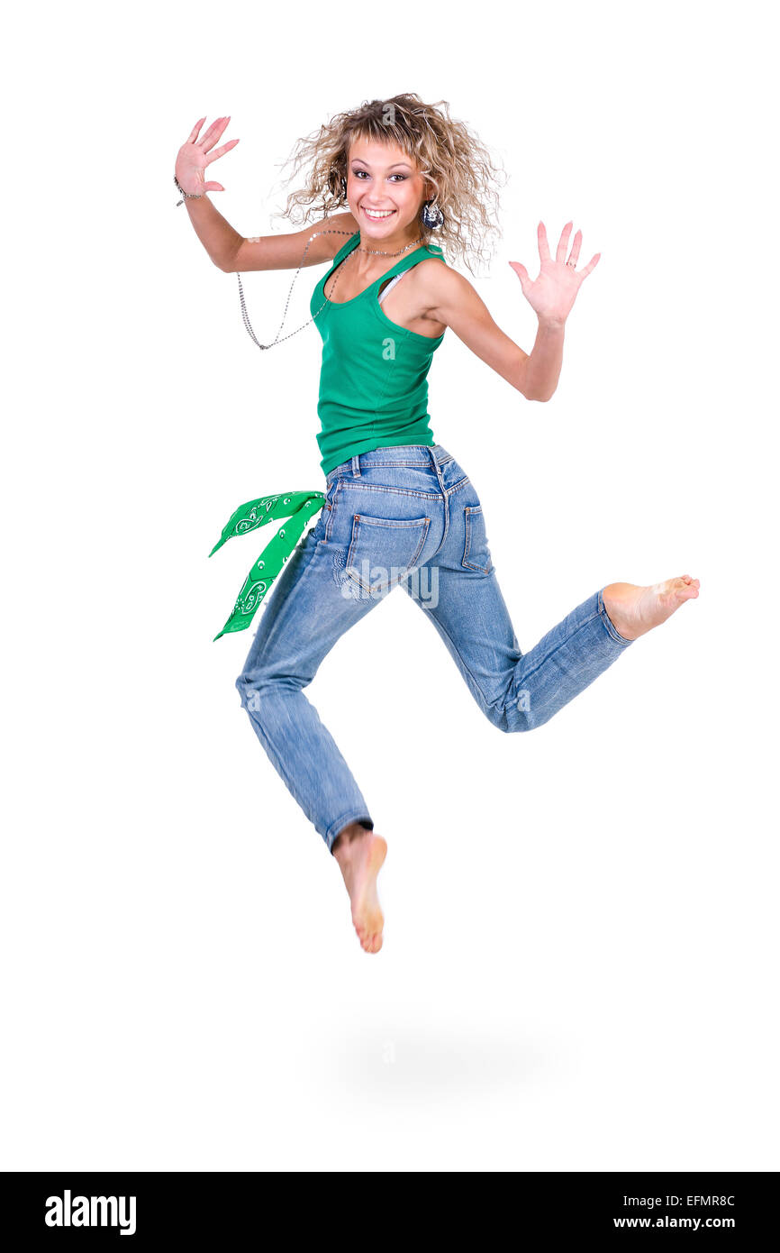 young dancer woman jumping against white background Stock Photo - Alamy