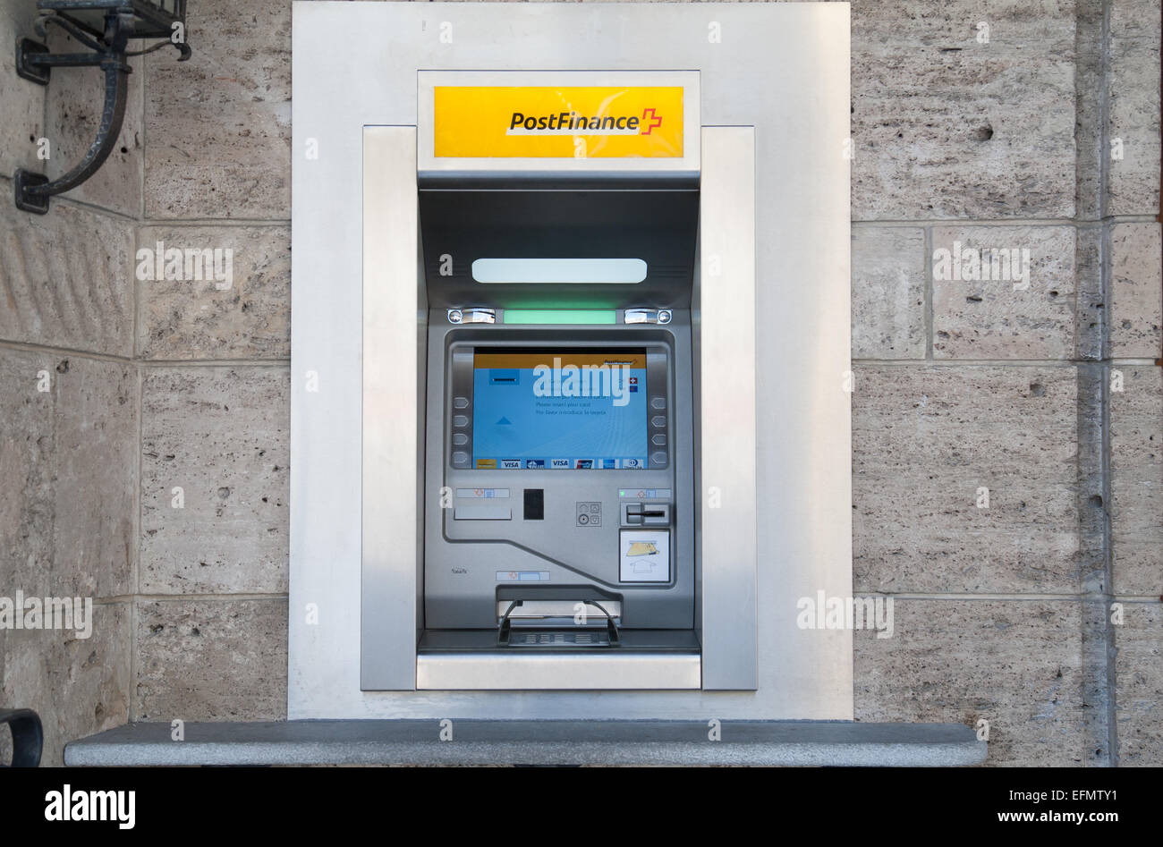 PostFinance Cash machine at Arosa Post Office, PostgebŠude, 7050 Arosa, Switzerland Stock Photo