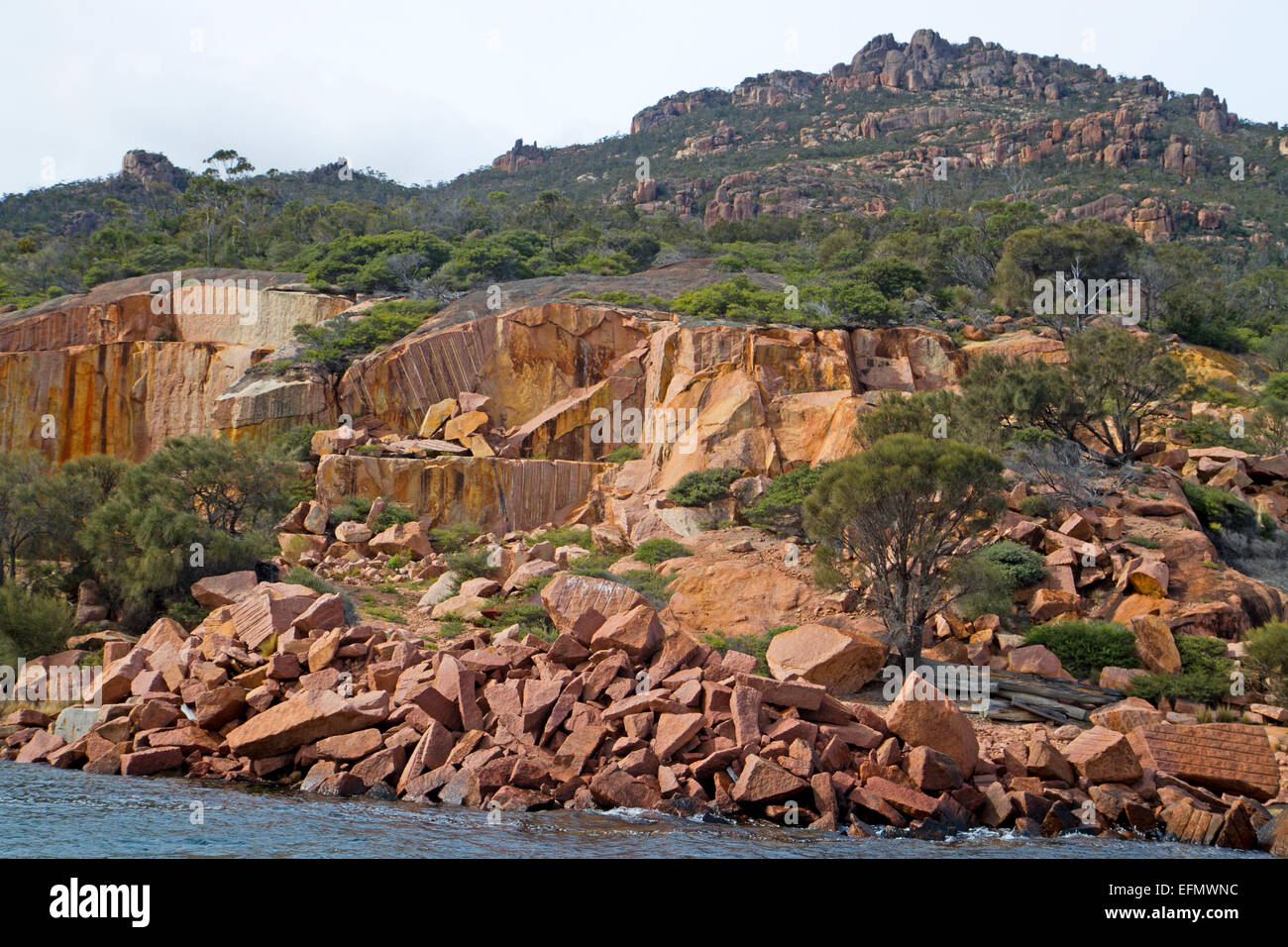 Abandoned granite quarry at the foot of the Hazards mountains in Freycinet National Park Stock Photo