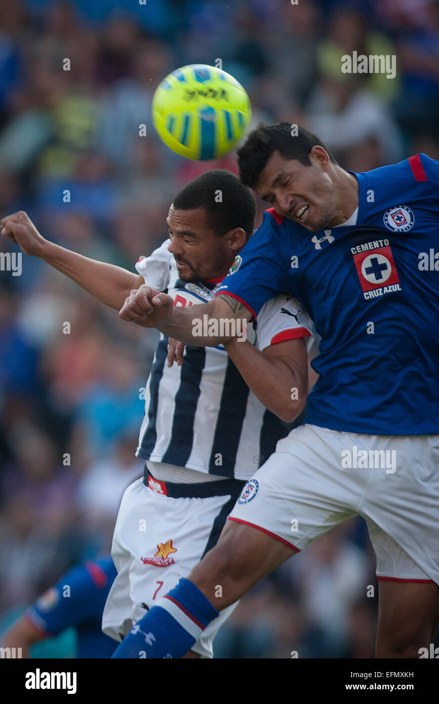 Mexico City, Mexico. 7th Feb, 2015. Cruz Azul's Francisco Javier Rodriguez (R) vies with Monterrey's Lucas Silva during a match of the 2015 Closing Tournament of MX League in the Azul Stadium, in Mexico City, capital of Mexico, on Feb. 7, 2015. Credit:  Pedro Mera/Xinhua/Alamy Live News Stock Photo