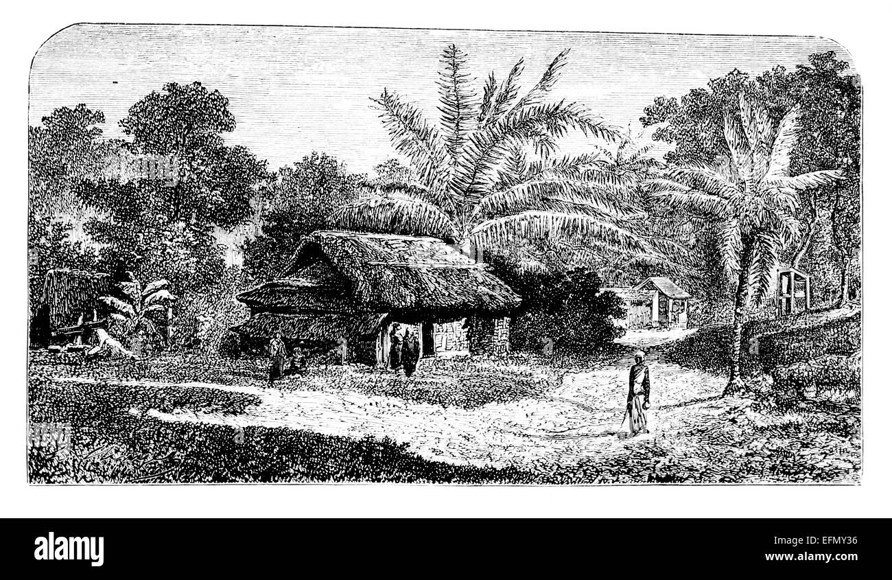 Victorian engraving of a  traditional village scene, India Stock Photo