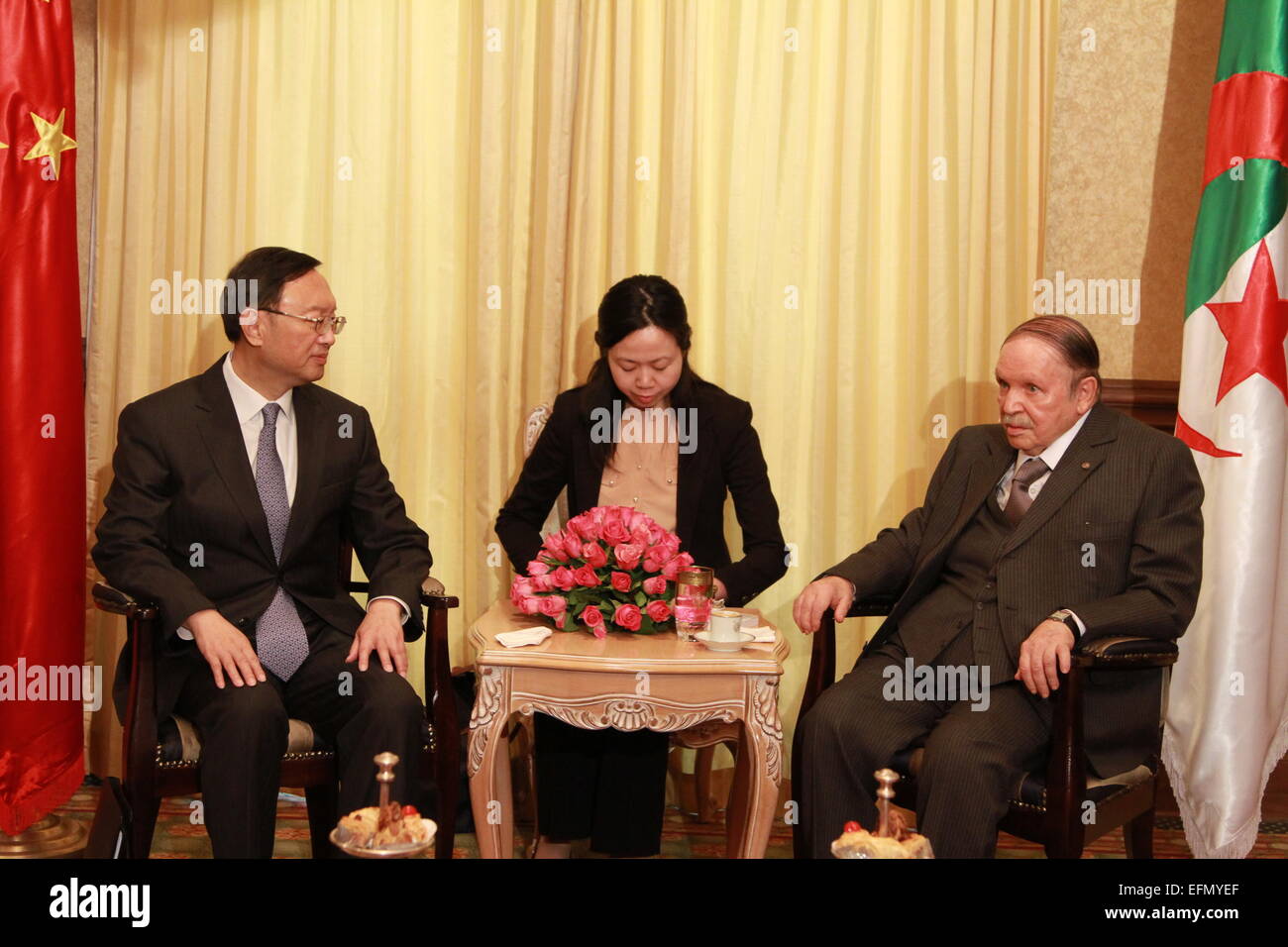 Algiers, Algeria. 7th Feb, 2015. Algerian President Abdelaziz Bouteflika (R) meets with Chinese State Councilor Yang Jiechi (L) in Algiers, capital of Algeria, Feb. 7, 2015. © Huang Ling/Xinhua/Alamy Live News Stock Photo