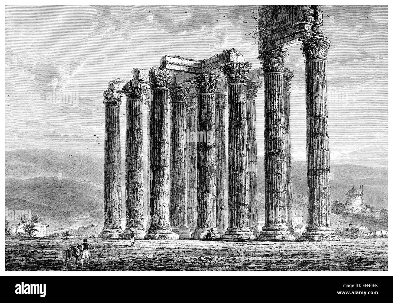 Victorian engraving of the ruins of an ancient Greek temple. Digitally restored image from a mid-19th century Encyclopaedia. Stock Photo