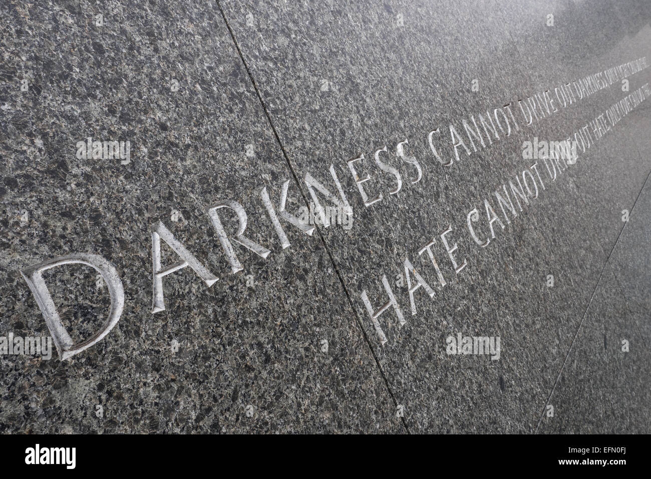 WASHINGTON DC, USA - A quote by Dr. Martin Luther King Jr etched in the marble of the MLK Memorial on the banks of the Tidal Basin in Washington DC. The full quote reads: 'Darkness cannot drive out darkness; only light can do that. Hate cannot drive out hate; only love can do that.' The quote is taken from his 1963 book Strength to Love. Stock Photo