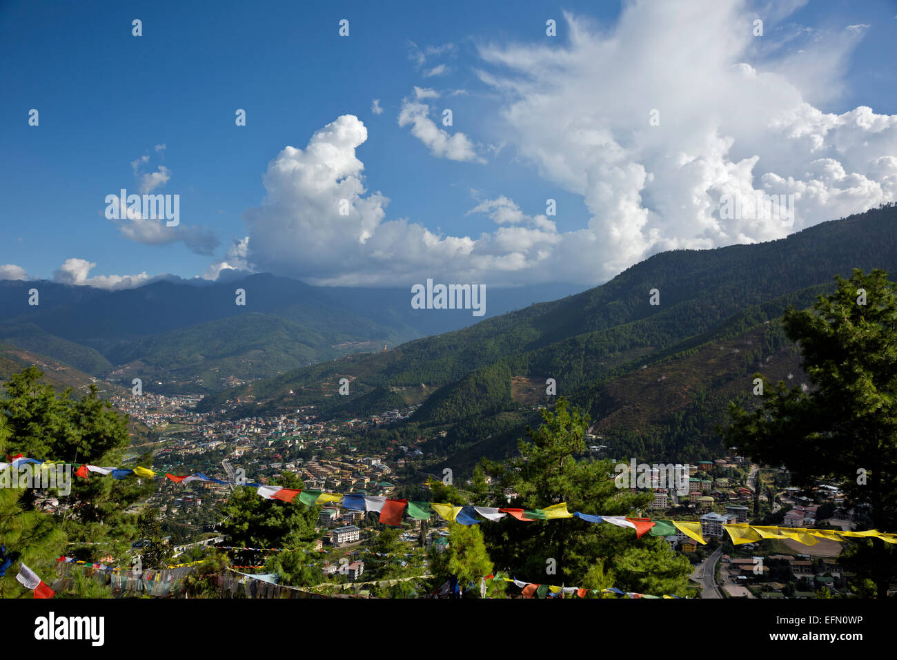 BU00062-00...BHUTAN - Prayer flags view of Thimphu and valley from the Sangaygang area near the telecommunications tower. Stock Photo