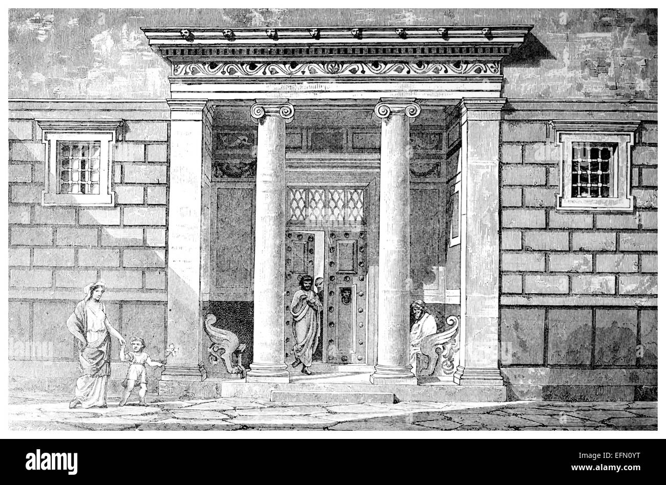 19th century Victorian engraving of an entrance to a Classical Greek house Stock Photo