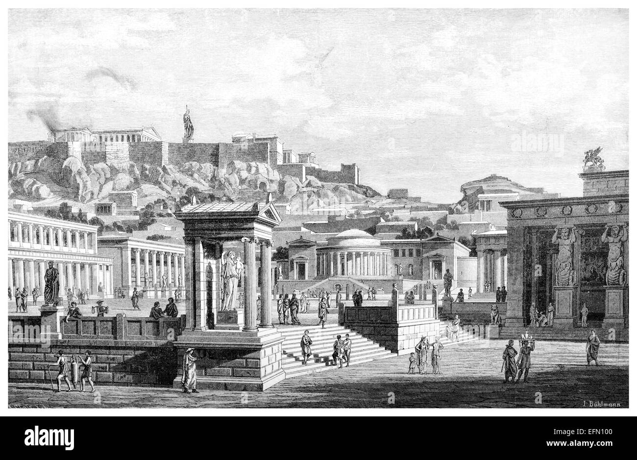 19th century Victorian engraving of an ancient view of the Agora at Athens, Greece Stock Photo