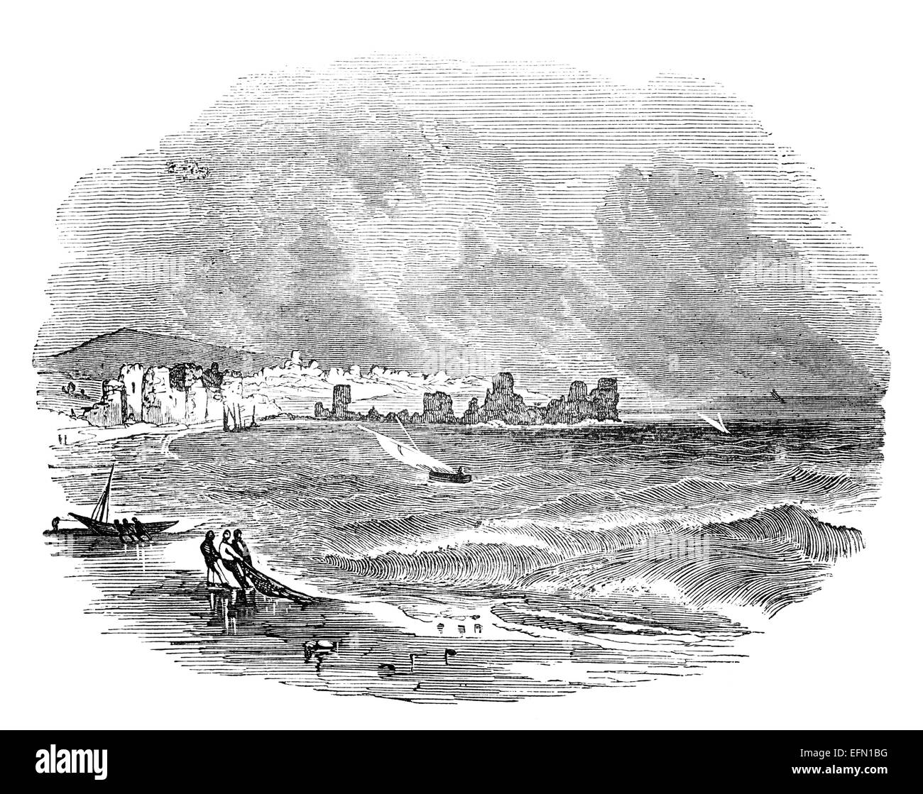 19th century engraving of landscape in Tyre, Lebanon Stock Photo