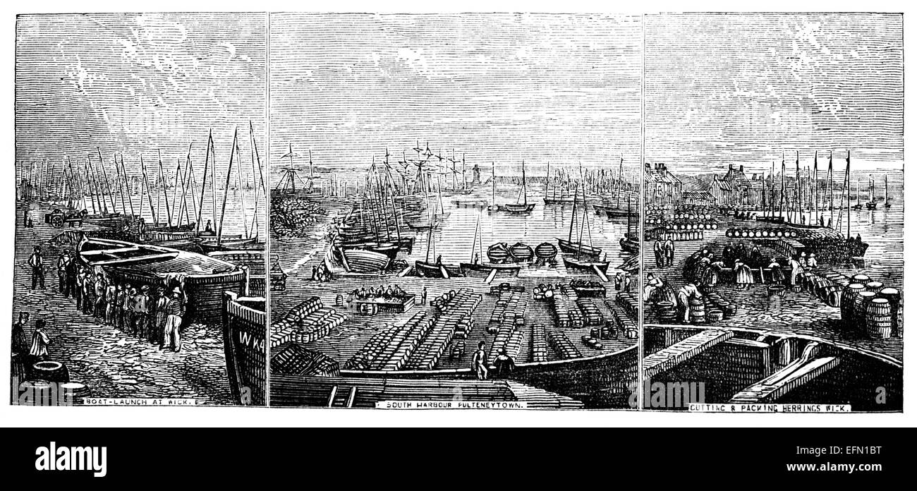 19th century engraving boats and docks Wick, Scotland Stock Photo
