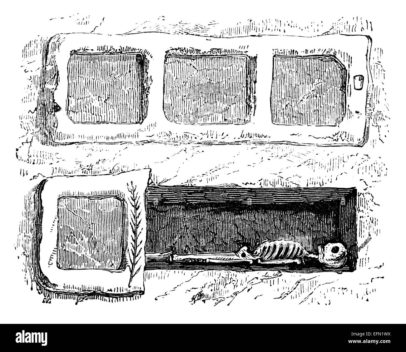 19th century engraving of a catacomb grave, Rome, Italy Stock Photo