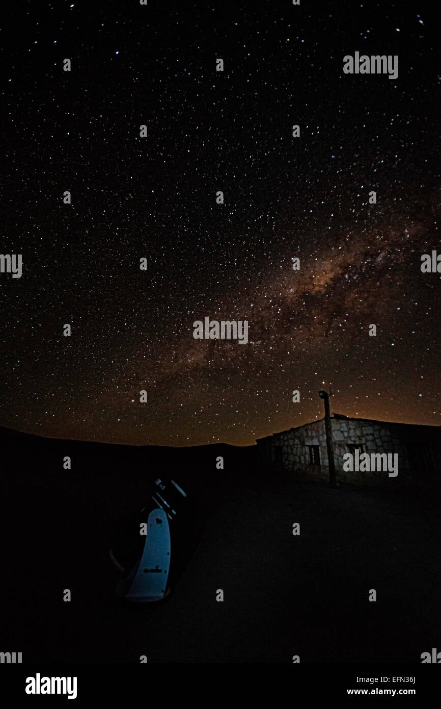 Night sky, milky way and stars in the southern hemisphere, Tatio Geyser Field, San Pedro, Chile, South America Stock Photo