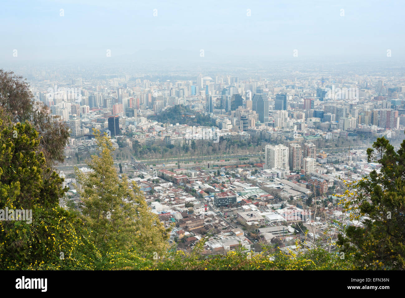 Aerial view of Santiago from Parque Metropolitano de Santiago, Cerro San Cristobal, Santiago, Chile, South America Stock Photo