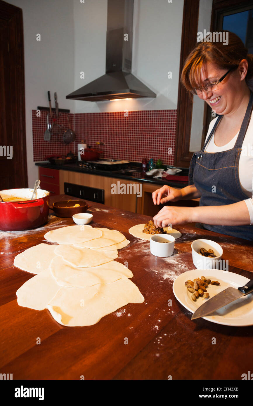 Preparing Empanadas de Pino, cooking class, Bellavista district, Santiago, Chile, South America Stock Photo