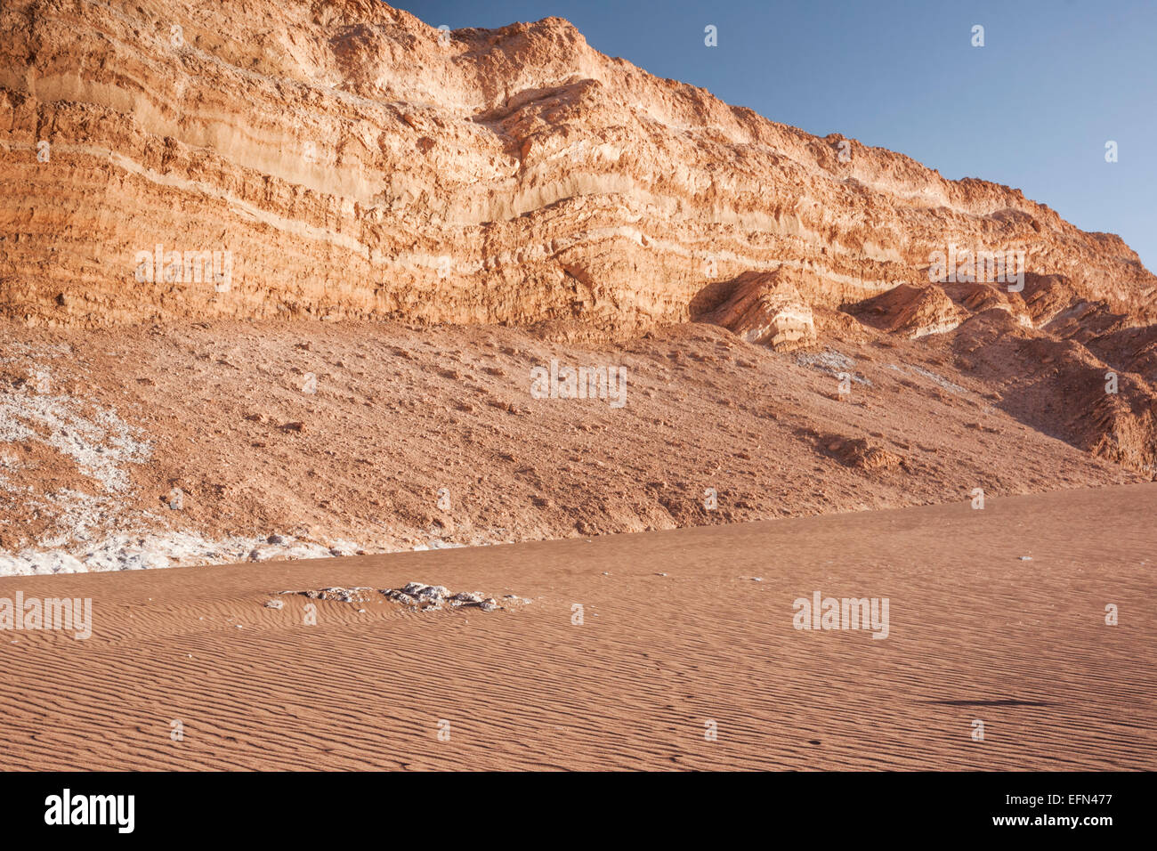 Rippled sand and sandstone mountains in Moon Valley, Atacama Desert, San Pedro, Chile, South America Stock Photo