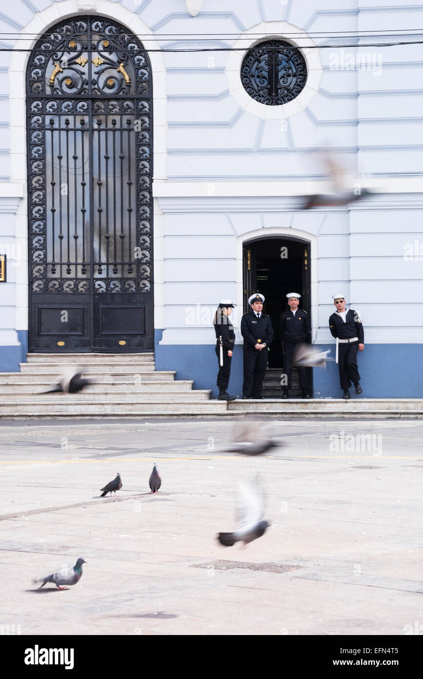Naval sailors at the Command Headquarters in Plaza Sotomayor, Valparaiso, Chile Stock Photo