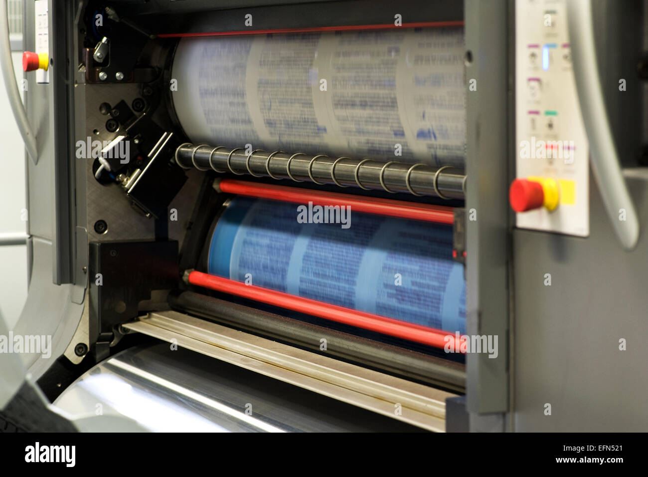 Printing Plenty of Documents or Papers Using Rotary Printing Press Machine. Stock Photo