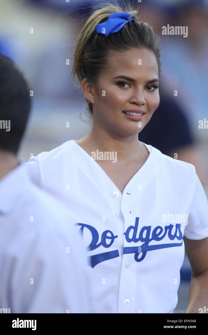 Celebrities watch the Los Angeles Dodgers v Los Angeles Angels baseball game at Dodger Stadium