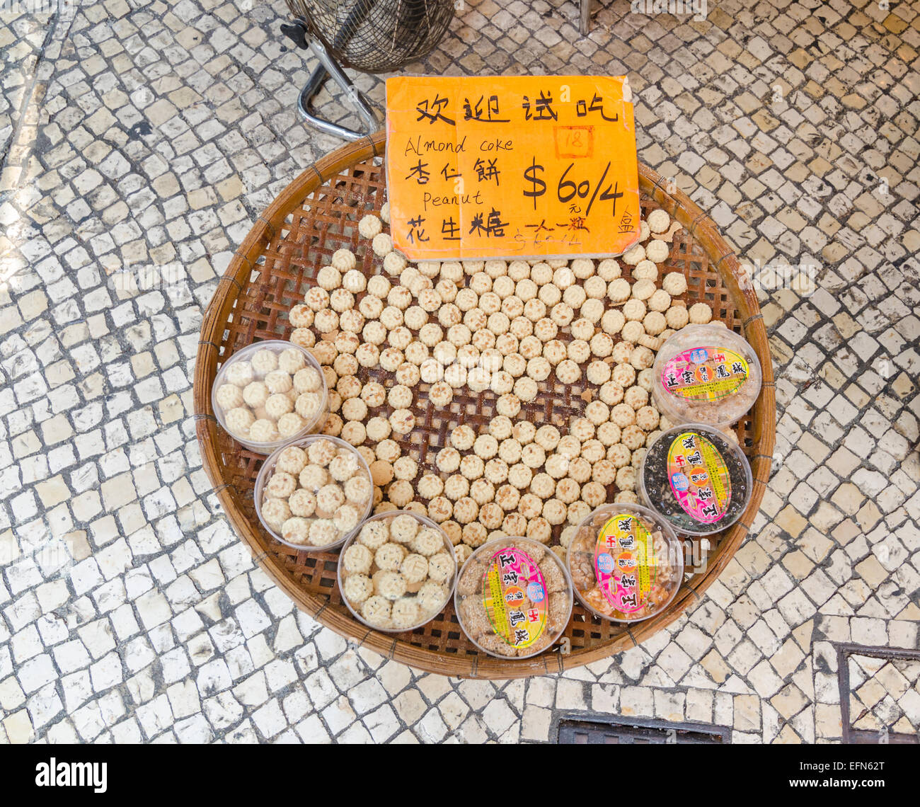 Basket of almond cake and peanut cake for sale in Macau, China Stock Photo