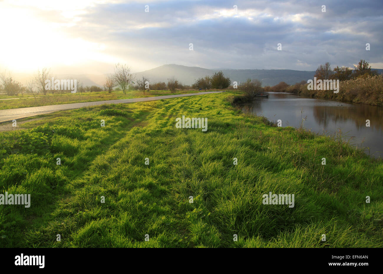 A bright green field with river and path are lit by strong sun light Stock Photo