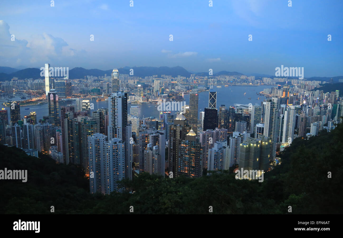 View overlooking Hong Kong at dusk, taken from Victoria's Peak. Stock Photo