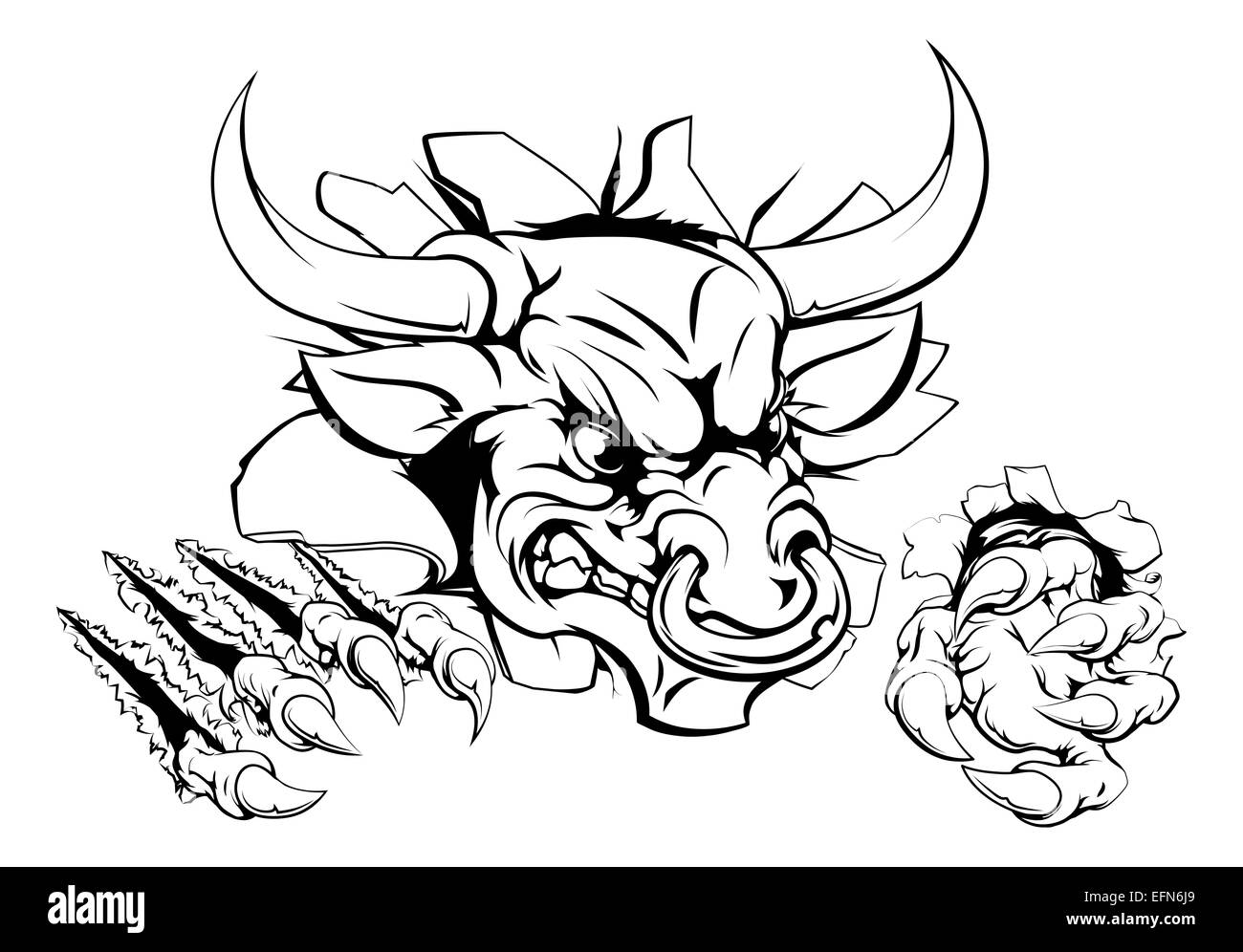 Bull or Minotaur monster smashing through wall and tearing it apart Stock Photo