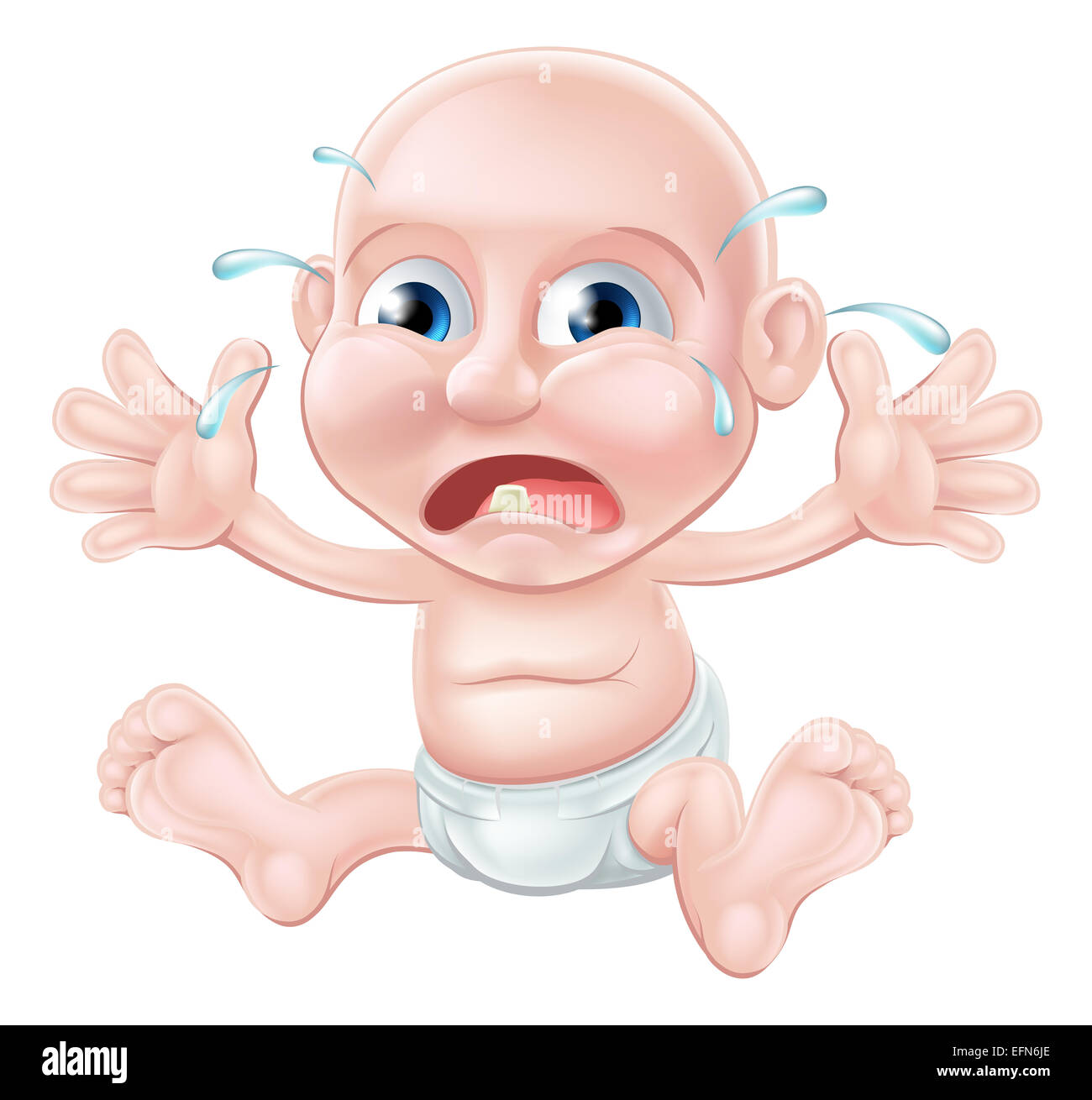 An unhappy crying cartoon baby, probably teething as he has one tooth through Stock Photo