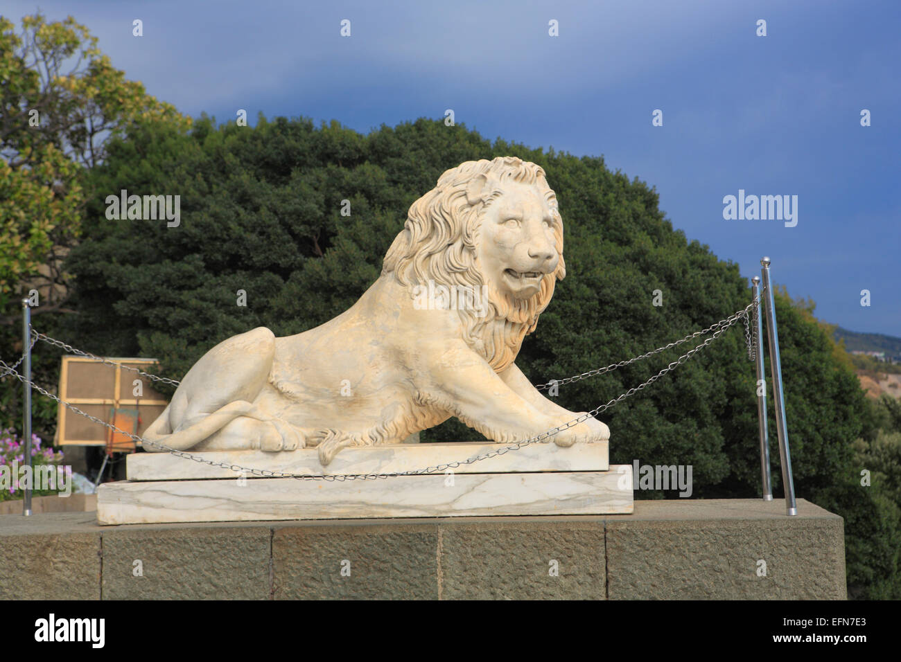 Marble sculpture of lion, Vorontsov Palace (1848, architect Edward Blore), Alupka, Crimea, Ukraine Stock Photo