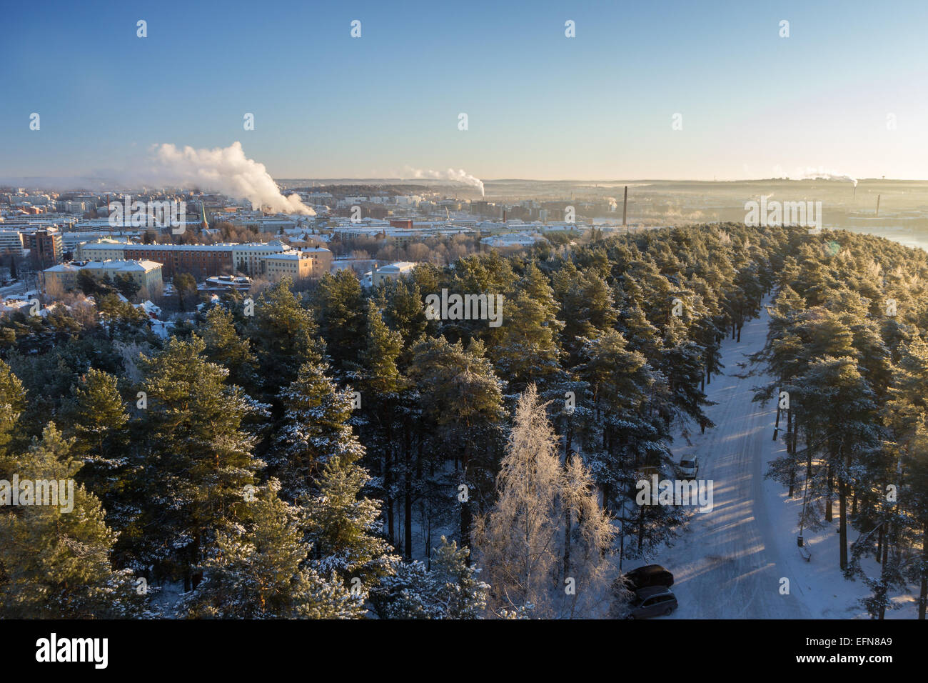 View over city of Tampere and snowy trees on the Pyynikki ridge in the winter in Finland. Stock Photo