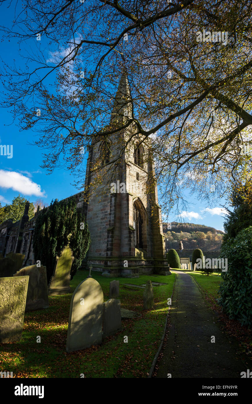 St Michaels and All Saints church, Hathersage, Derbyshire on an autumn day. Stock Photo