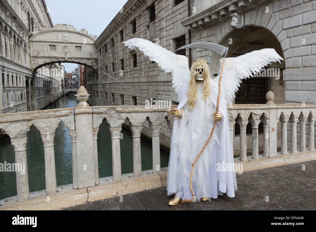 Venice, Italy, 8 February 2015. A person wears an 'Angel of Death' costume. People wear traditional masks and costumes to celebrate the 2015 Carnival in Venice. carnivalpix/Alamy Live News Stock Photo
