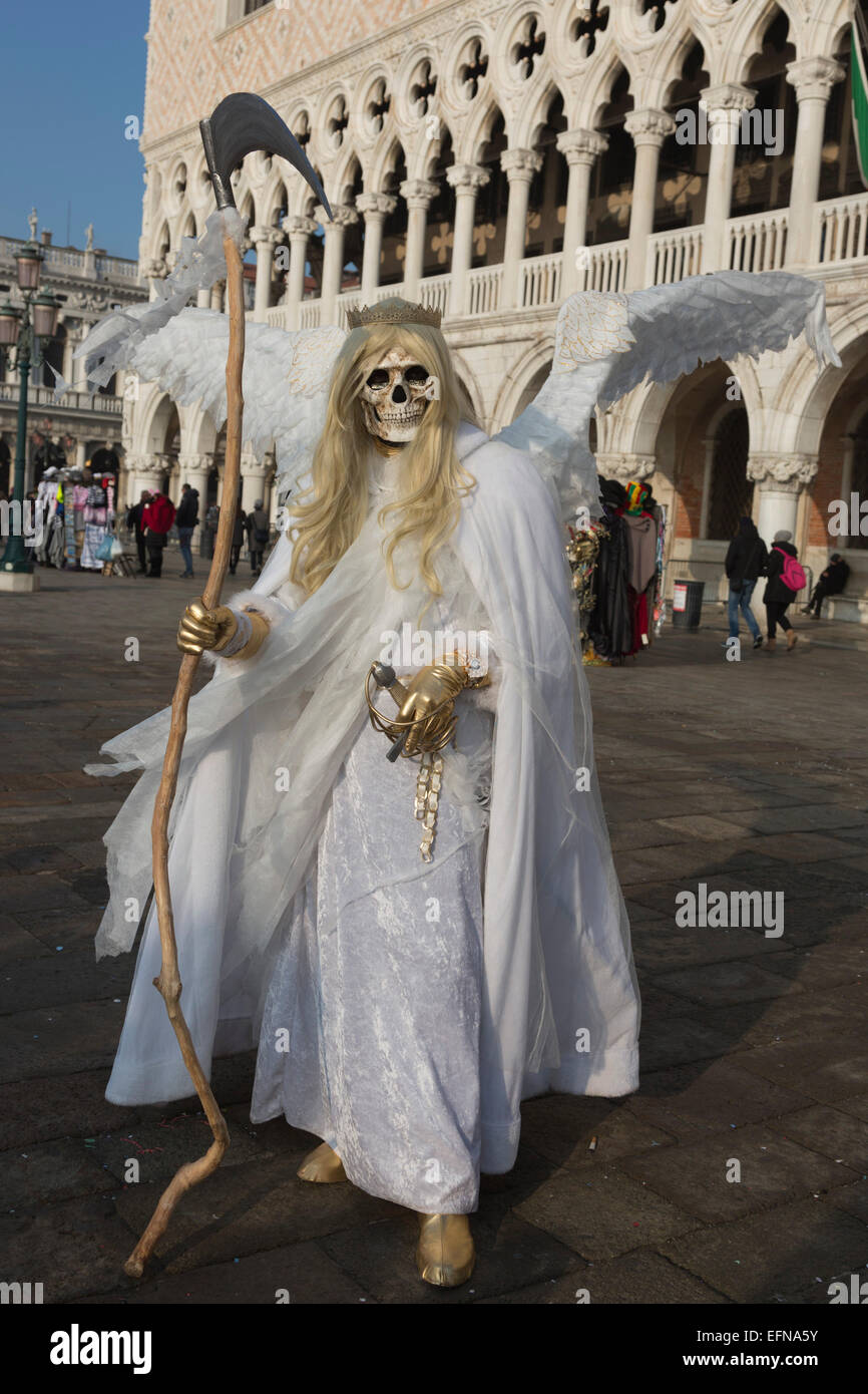 Venice, Italy, 8 February 2015. A person wears an "Angel of Death" costume.  People wear traditional masks and costumes to celebrate the 2015 Carnival  in Venice. carnivalpix/Alamy Live News Stock Photo - Alamy